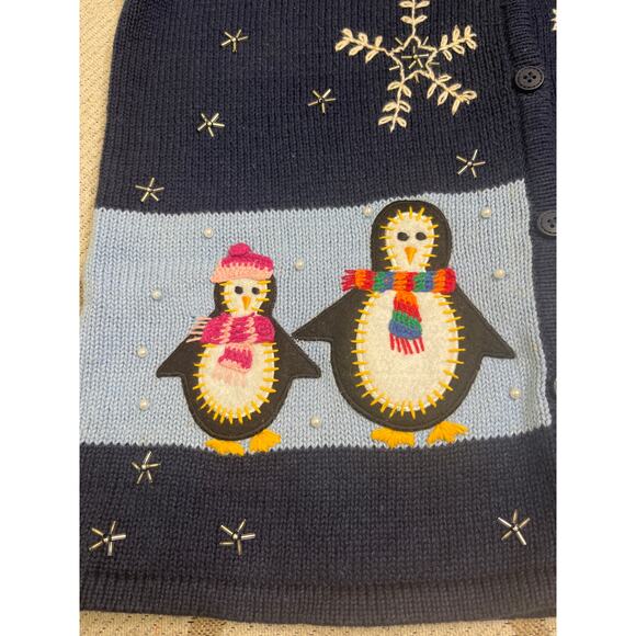 Bobbie Brooks navy button front embroidered penguins sweater vest, size small - Picture 2 of 9